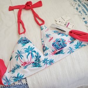 Tommy Bahama White Bikini Top with Teal Palm Print and Pink Straps